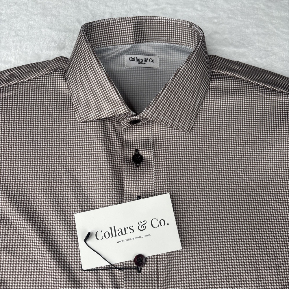 NWT Collars and Co Dress Collar Polo Shirt Mens Medium Houndstooth Brown
